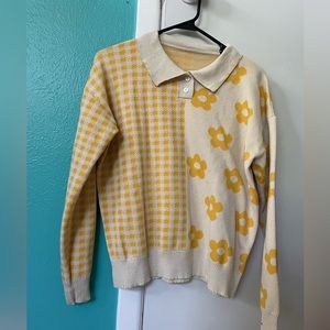 Half Checkered Flower Yellow Sweater